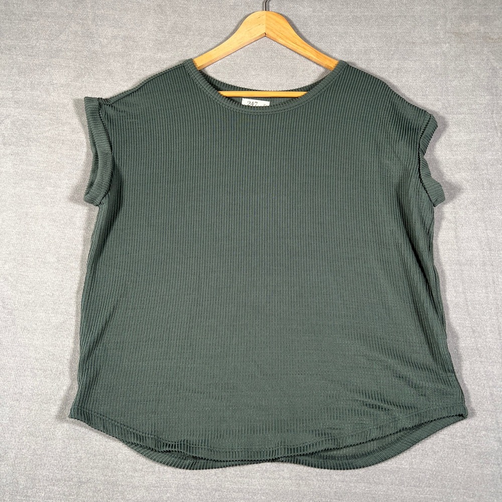 24/7 by Maurices Ribbed Short Sleeve Crew Neck Top Women Size M Green Polyester